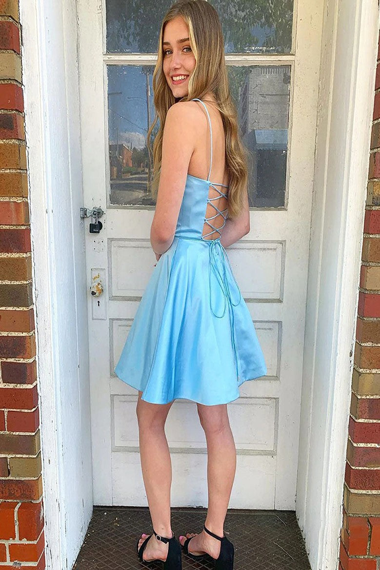 Square Neck A Line Sleeveless Satin Spaghetti strap Short Homecoming Dress