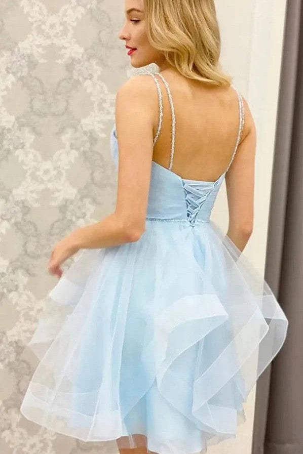 Sky Blue A-Line V Neck  Short Homecoming Dresses