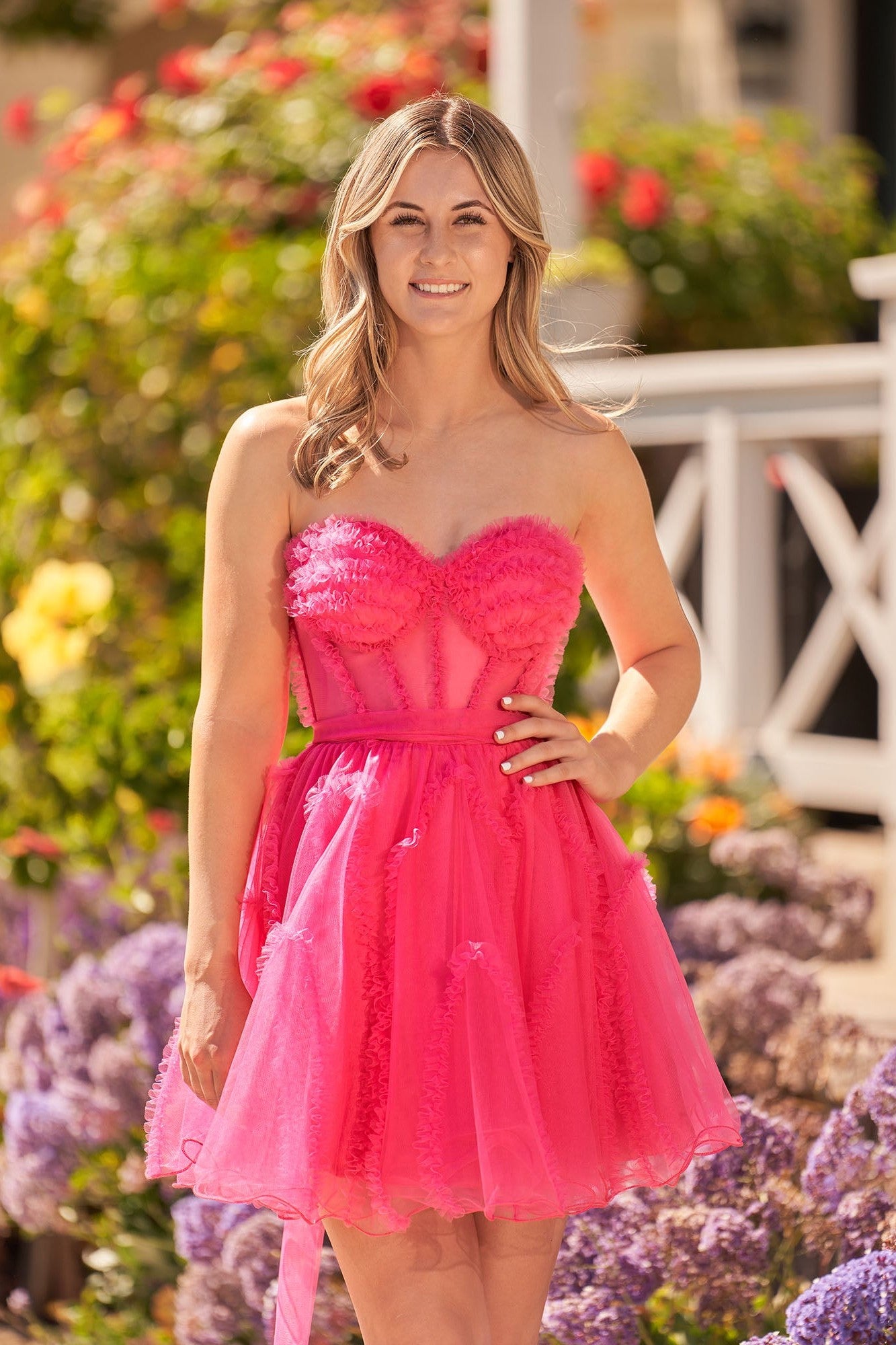 Hot pink A Line Tulle Strapless Homecoming Dress