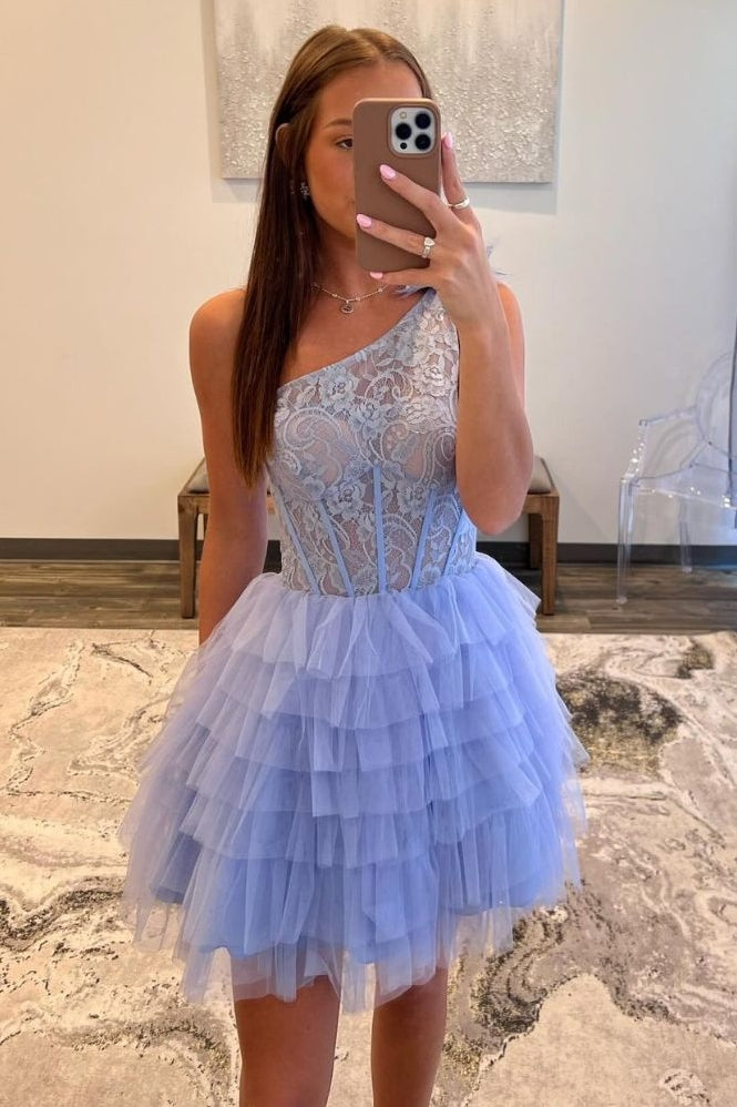One Shoulder Tiered Homecoming Dress With Sheer Bodice