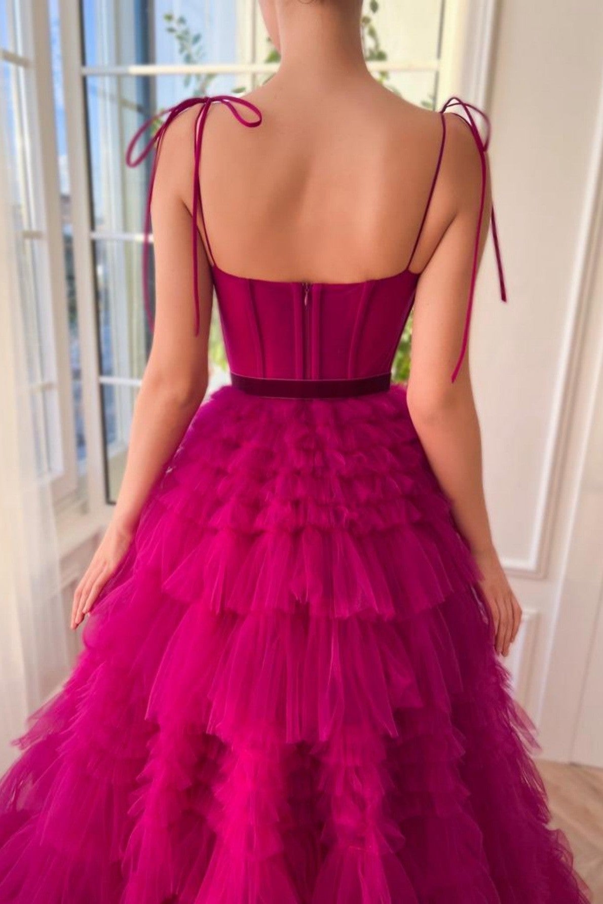 A Line Strapless Fuchsia Tiered Long Tulle Prom Dress