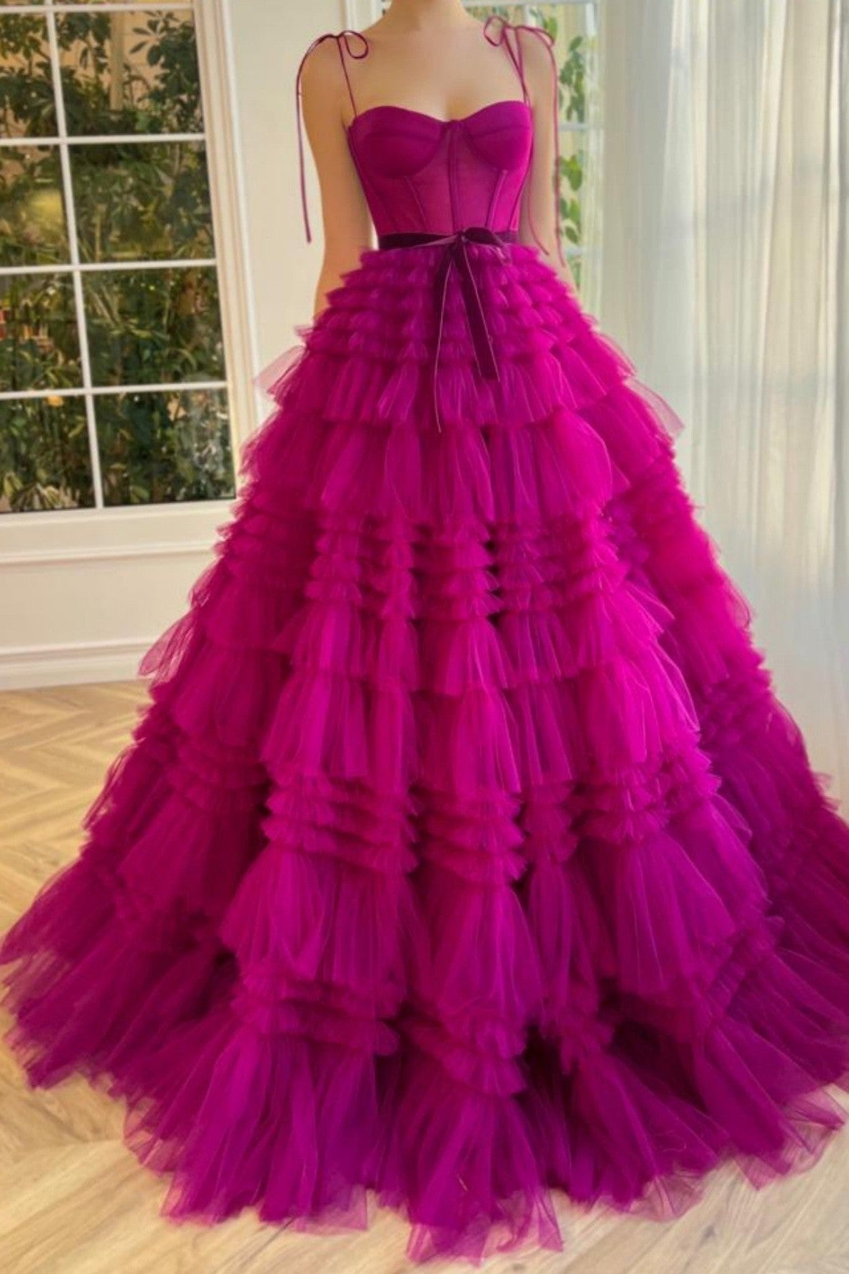 A Line Strapless Fuchsia Tiered Long Tulle Prom Dress