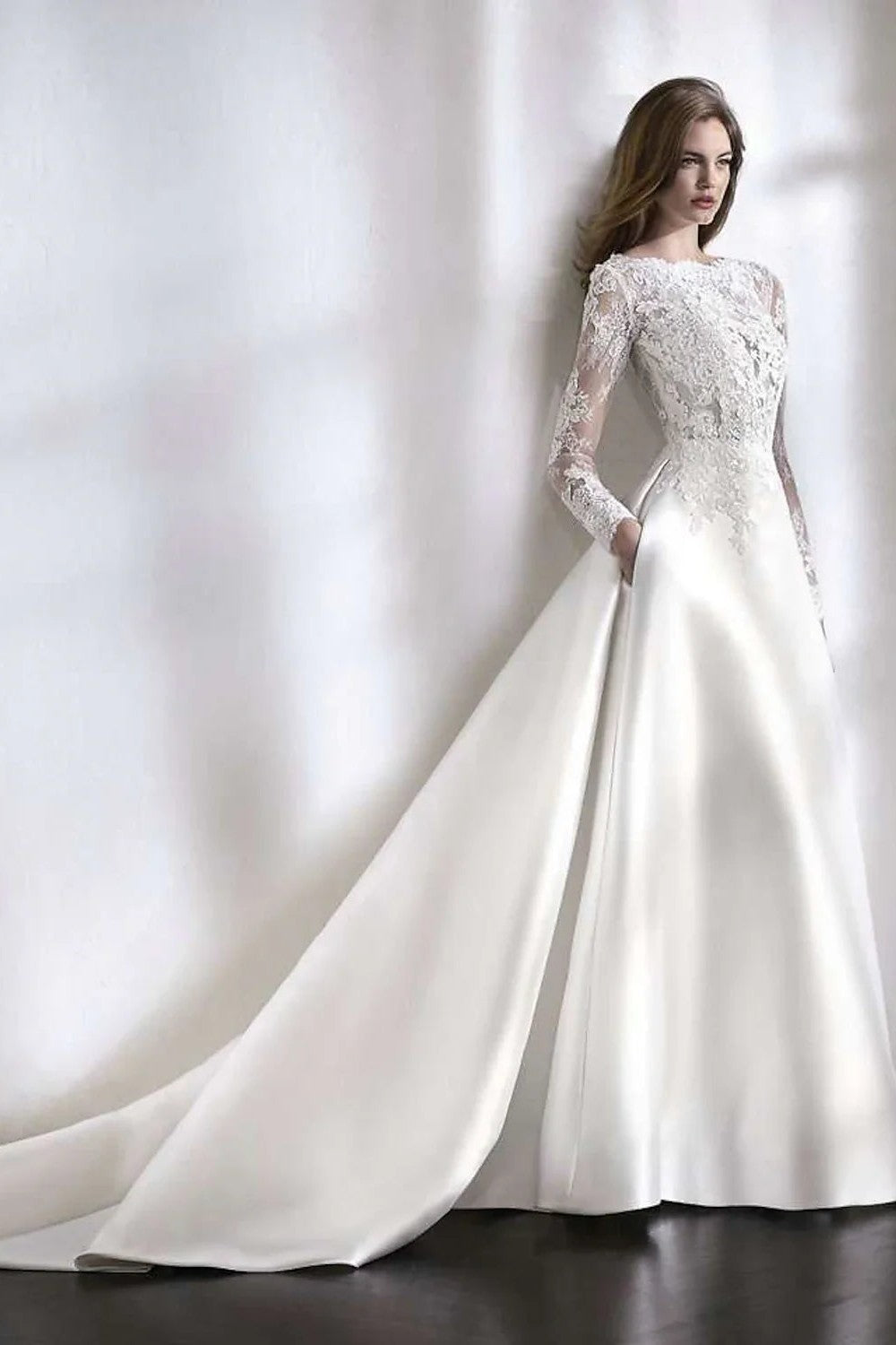 A-Line Long Sleeves Wedding Dress Lace Satin Bridal Gown