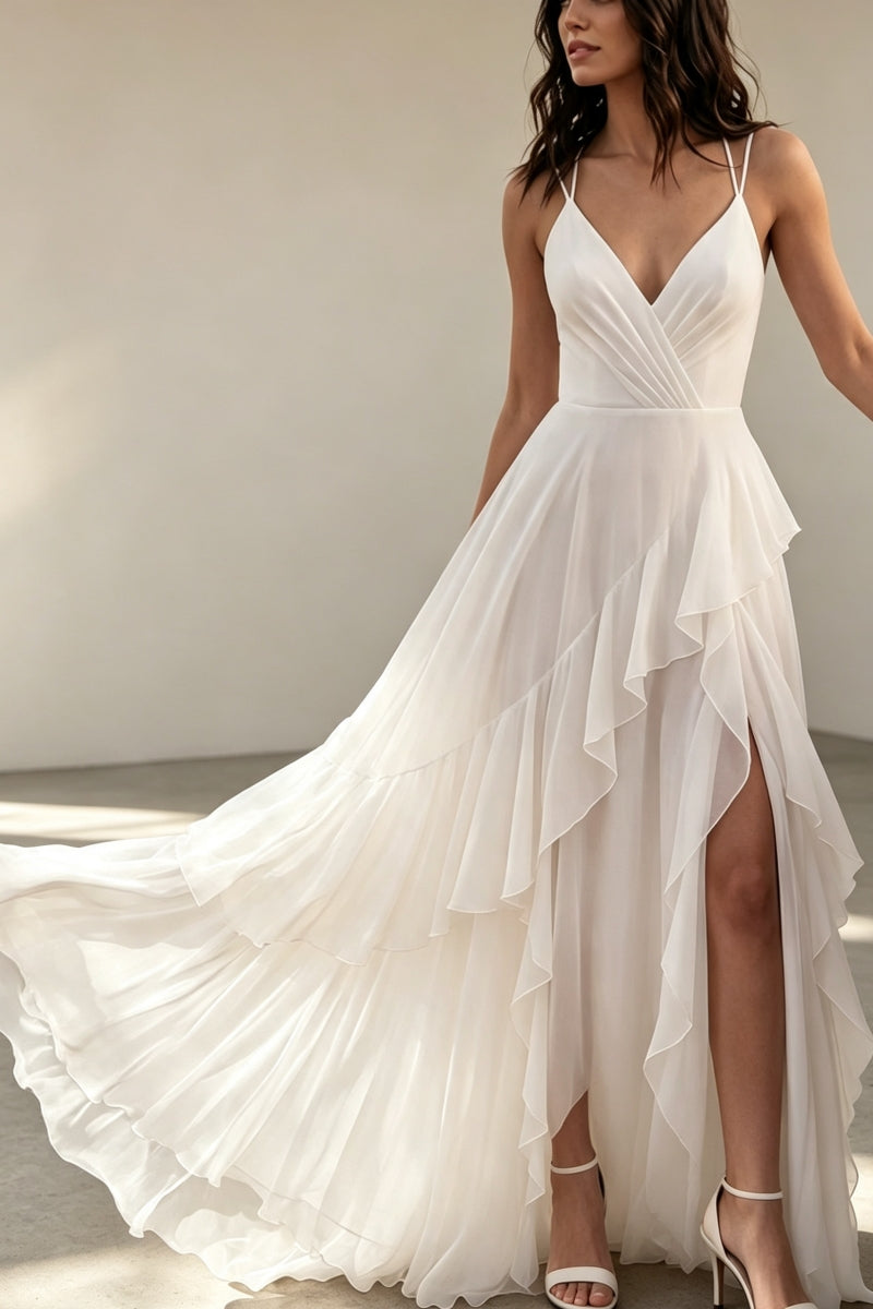 A-Line Spaghetti Strap Ruffled Boho Wedding Dress with Slit