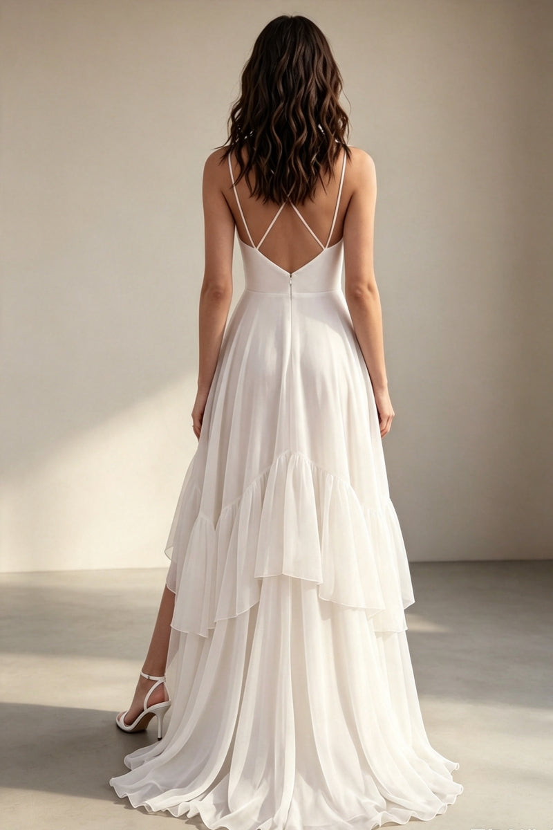 A-Line Spaghetti Strap Ruffled Boho Wedding Dress with Slit