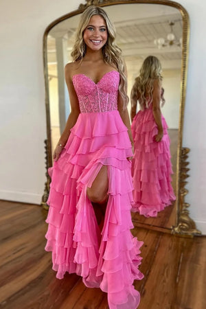 A Line Ruffled Tiered Long Prom Dress With Illusion Corset And Slit in Hot Pink