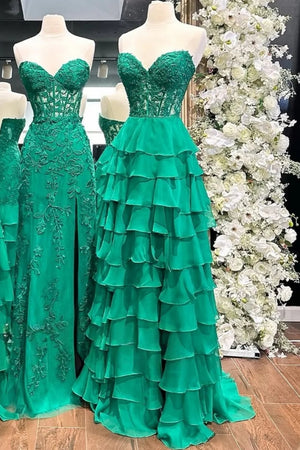 A Line Ruffled Tiered Long Prom Dress With Illusion Corset And Slit in Green