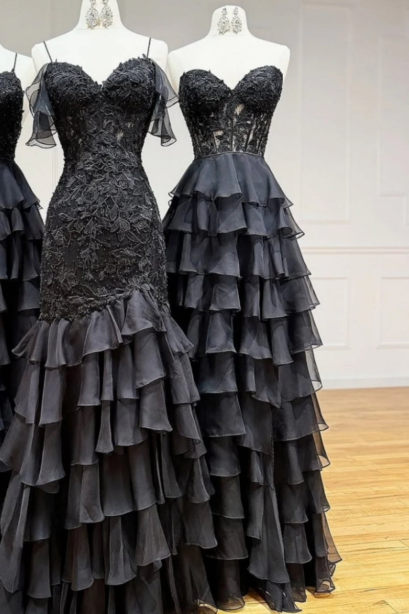 A Line Ruffled Tiered Long Prom Dress With Illusion Corset And Slit in Black