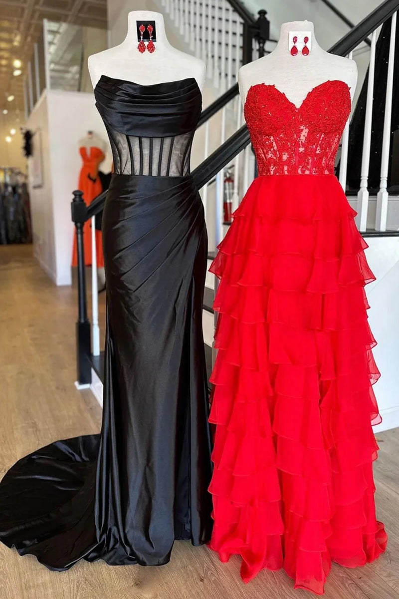 A Line Ruffled Tiered Long Prom Dress With Illusion Corset And Slit in Red
