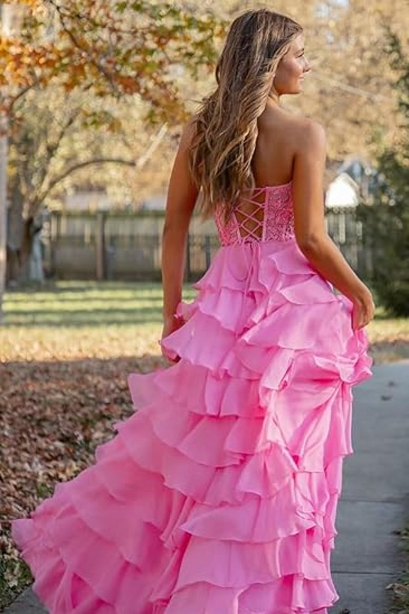 Back View of A Line Ruffled Tiered Long Prom Dress With Illusion Corset And Slit in Hot Pink
