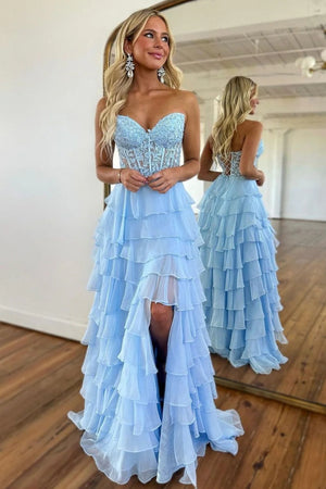 A Line Ruffled Tiered Long Prom Dress With Illusion Corset And Slit in Sky Blue