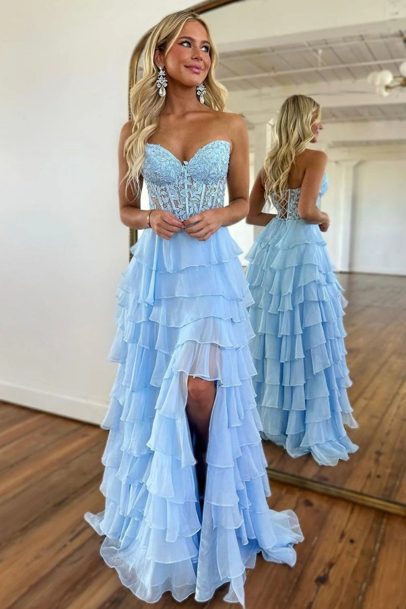 A Line Ruffled Tiered Long Prom Dress With Illusion Corset And Slit in Sky Blue