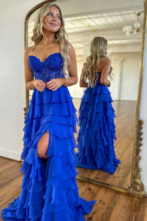 A Line Ruffled Tiered Long Prom Dress With Illusion Corset And Slit in Royal Blue