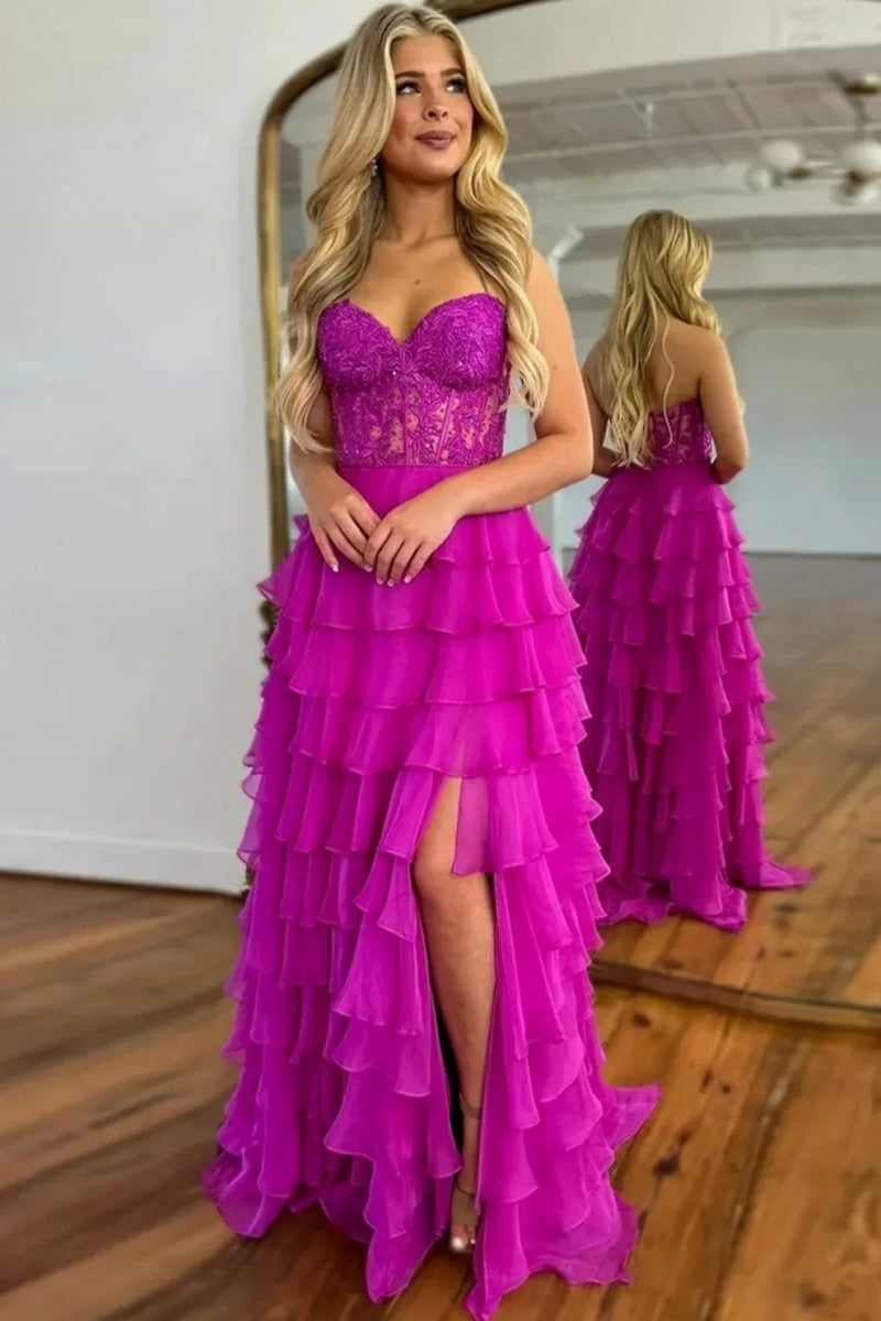 A Line Ruffled Tiered Long Prom Dress With Illusion Corset And Slit in Fuchsia