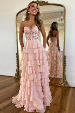 A Line Ruffled Tiered Long Prom Dress With Illusion Corset And Slit in Pastel Pink