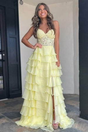 A Line Ruffled Tiered Long Prom Dress With Illusion Corset And Slit in Yellow
