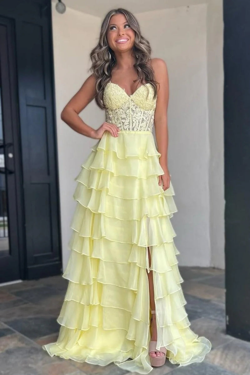 A Line Ruffled Tiered Long Prom Dress With Illusion Corset And Slit in Yellow