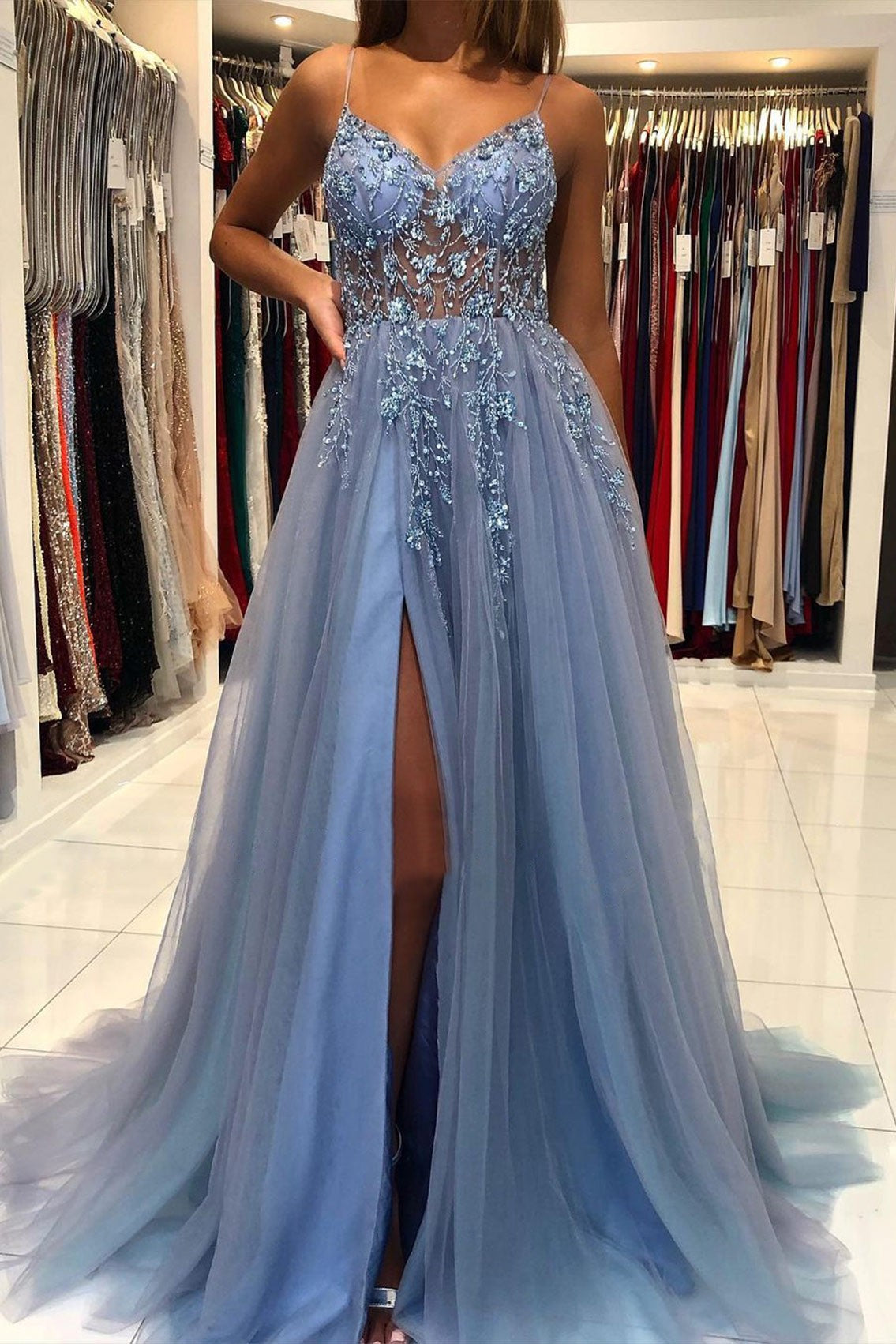 Appliques A-Line Prom Dress Backless Split Tulle Evening Gown