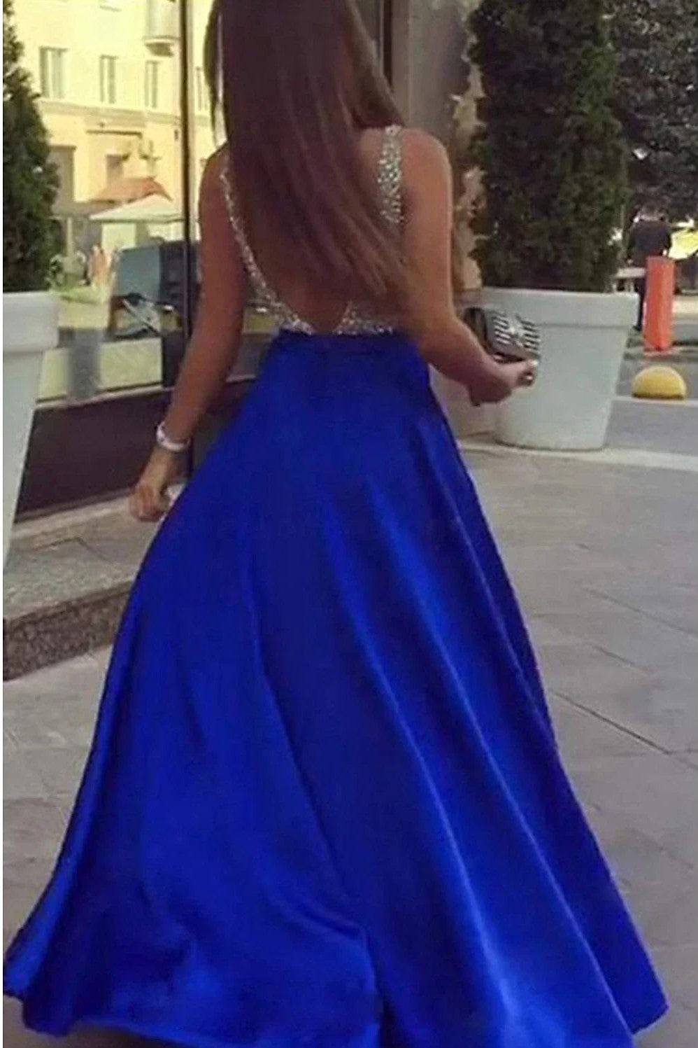 Beaded Royal Blue Prom Dress Sparkly Backless A-line Evening Gown