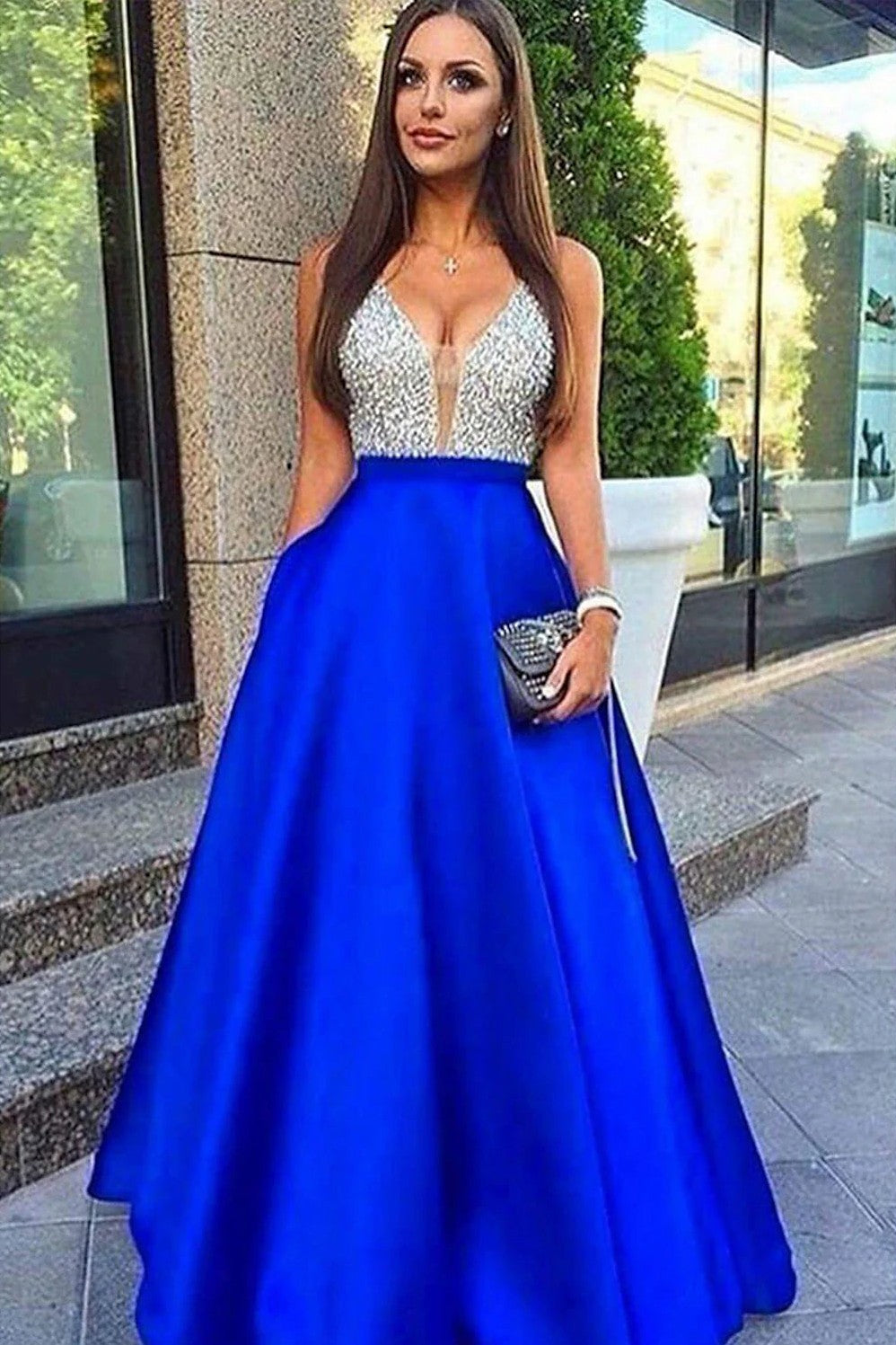 Beaded Royal Blue Prom Dress Sparkly Backless A-line Evening Gown