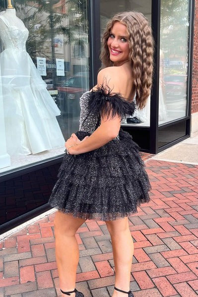 Black A-line Homecoming Dress Short Tiered Ruffles Formal Dress with Rhinestones
