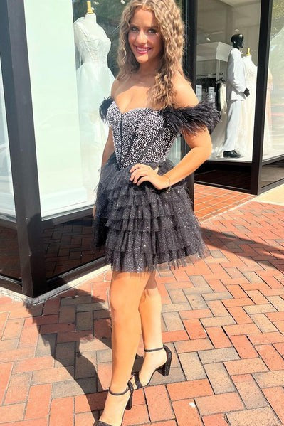 Black A-line Homecoming Dress Short Tiered Ruffles Formal Dress with Rhinestones