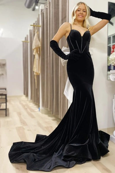 Black Corset Mermaid Prom Dress with White Bowknot Decoration