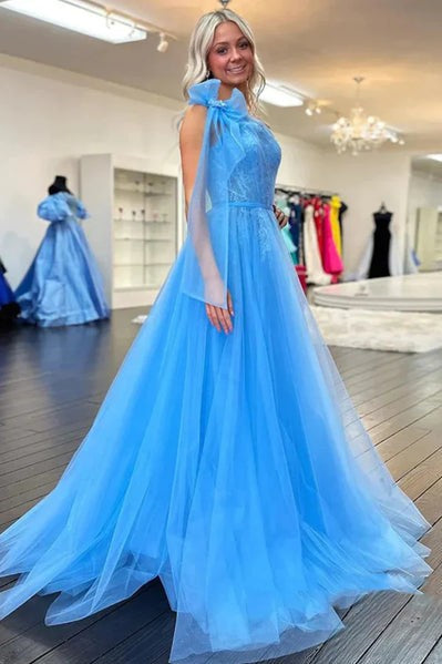 Blue One Shoulder Prom Dress High Slit A-Line Tulle Evening Gown