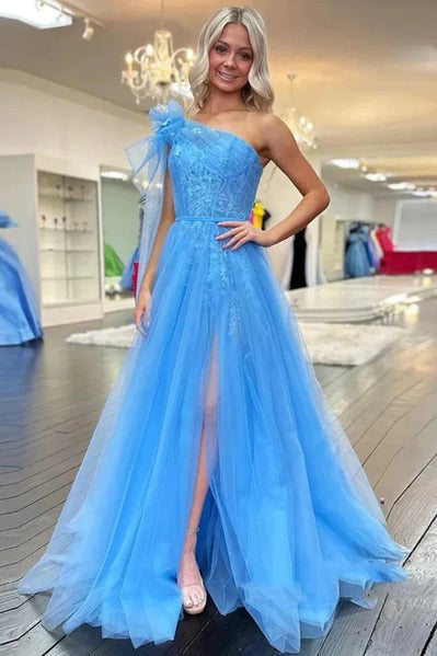 Blue One Shoulder Prom Dress High Slit A-Line Tulle Evening Gown