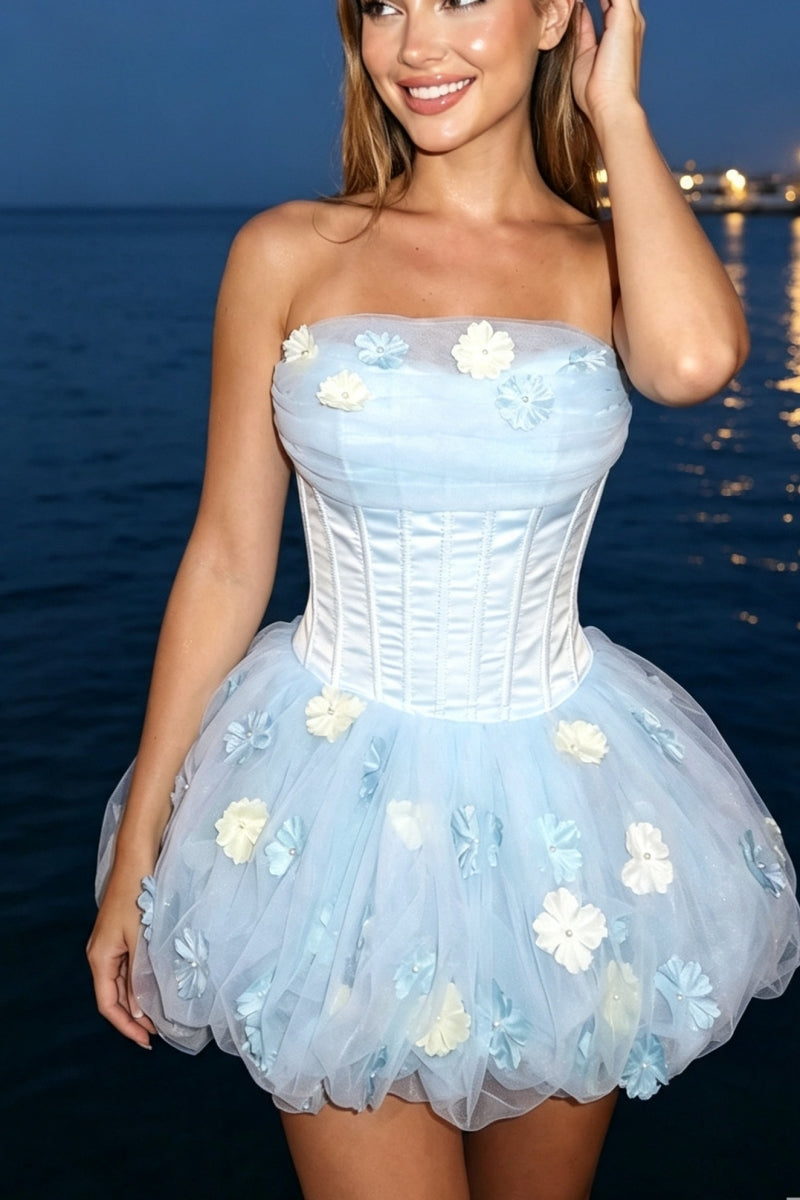Blue Strapless A-Line Floral Corset Homecoming Dress