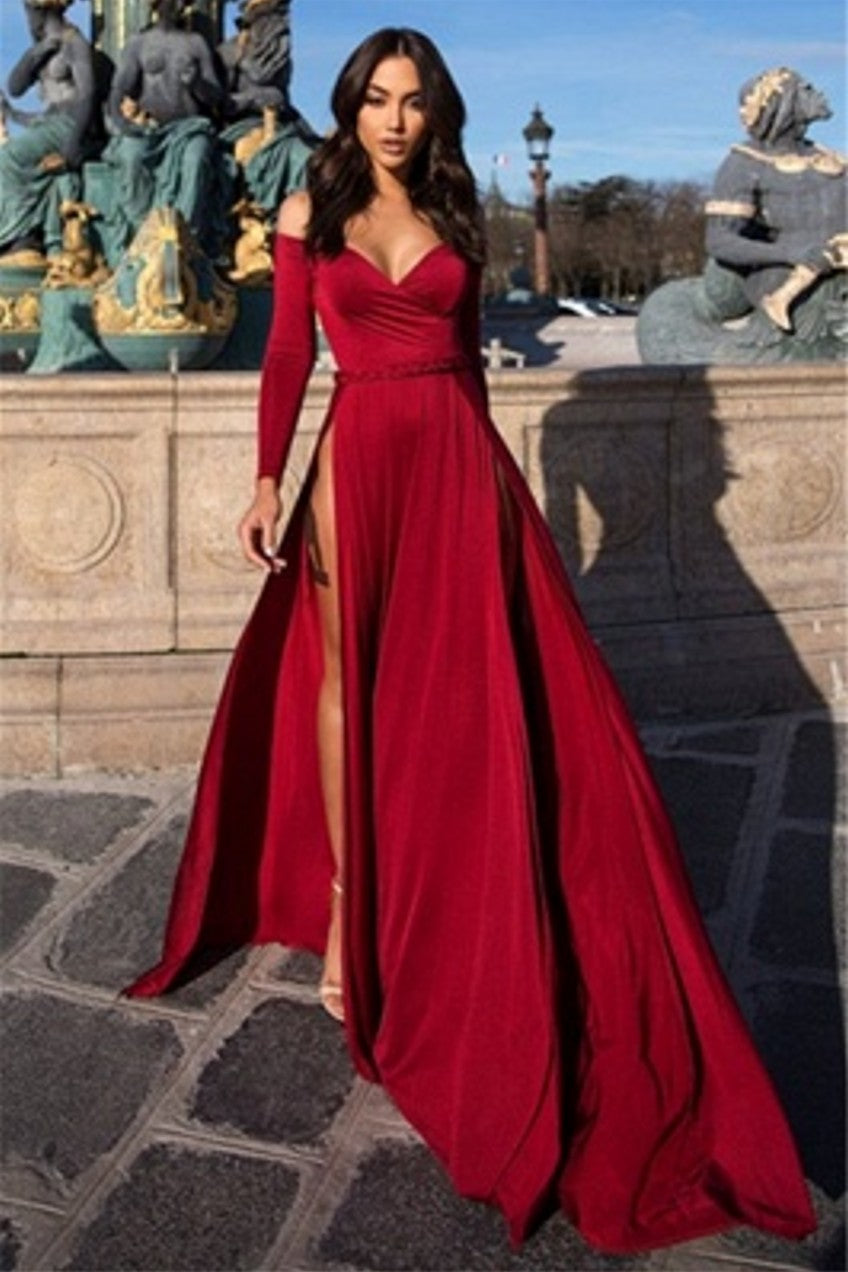 Burgundy High Slit Prom Dress With Long Sleeves And Off The Shoulder Design