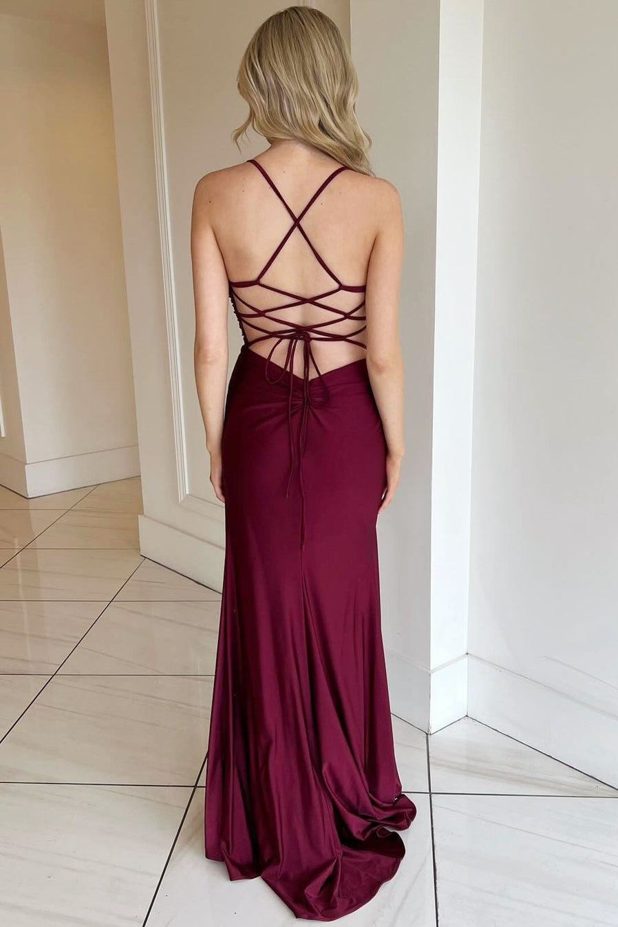 Burgundy Lace Up Prom Dress with Slit