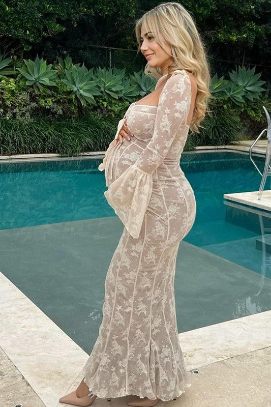 Corset Lace Formal Maternity Dress Flare Sleeves Bodycon Baby Shower Dress