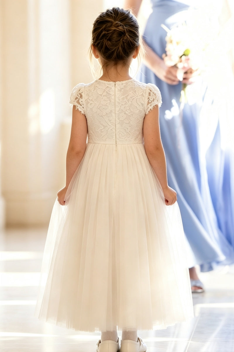 Cute A-Line Crew Lace Tulle Flower Girl Dress with Puff Sleeves