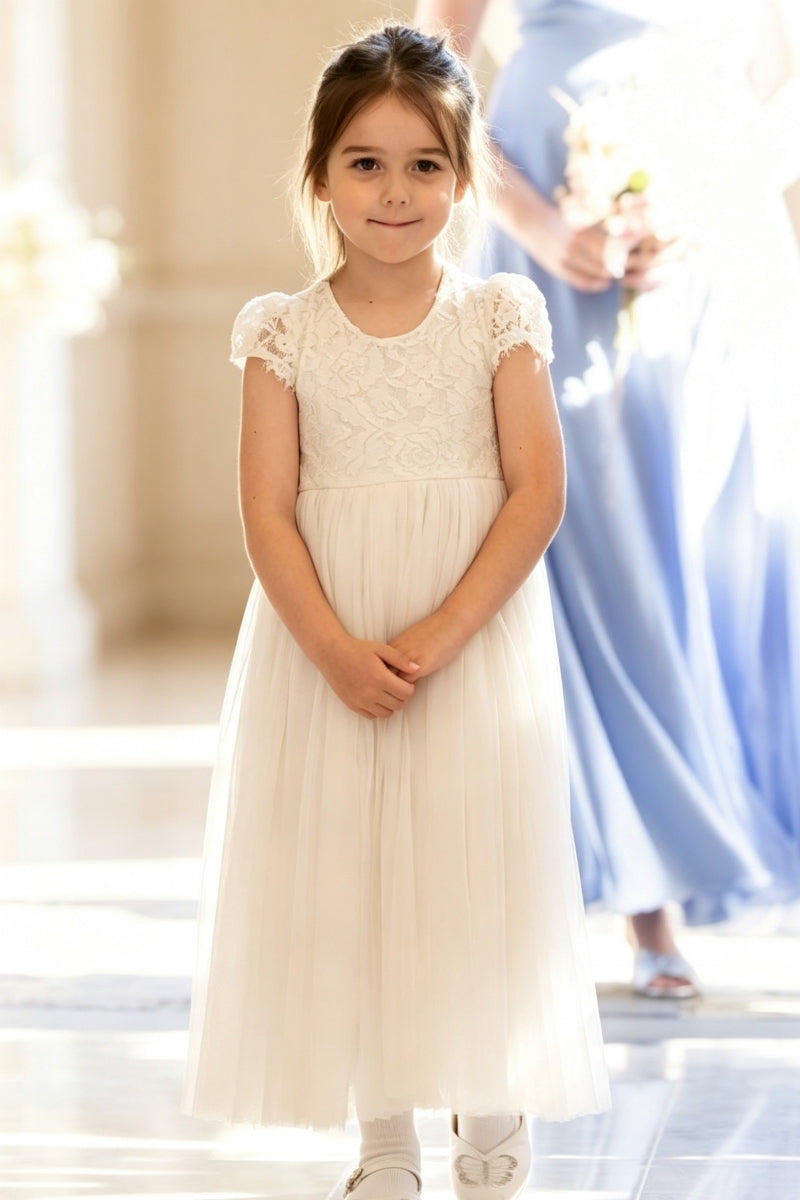 Cute A-Line Crew Lace Tulle Flower Girl Dress with Puff Sleeves