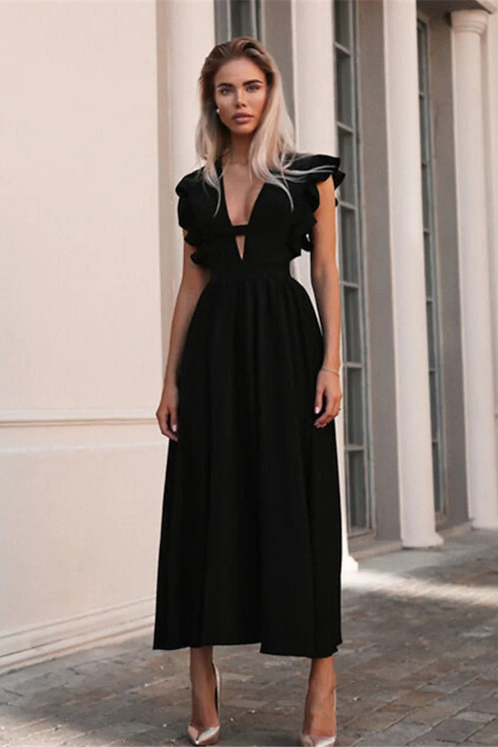 Deep V Neck A-Line Prom Dress Ruffle Sleeves Semi Formal Dress