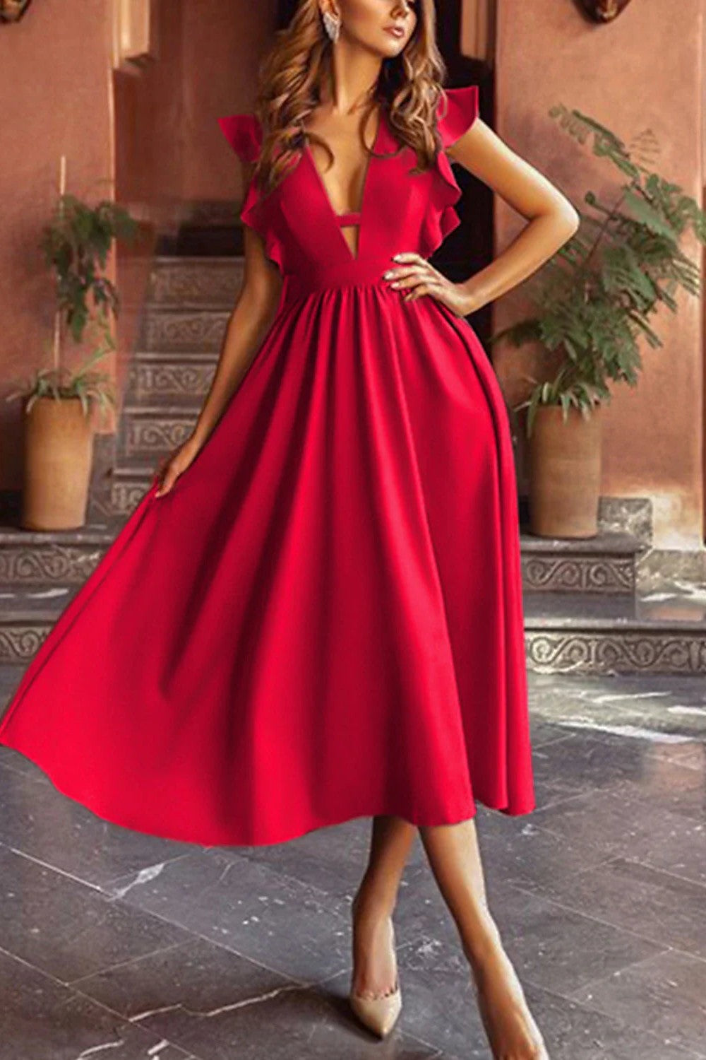 Deep V Neck A-Line Prom Dress Ruffle Sleeves Semi Formal Dress