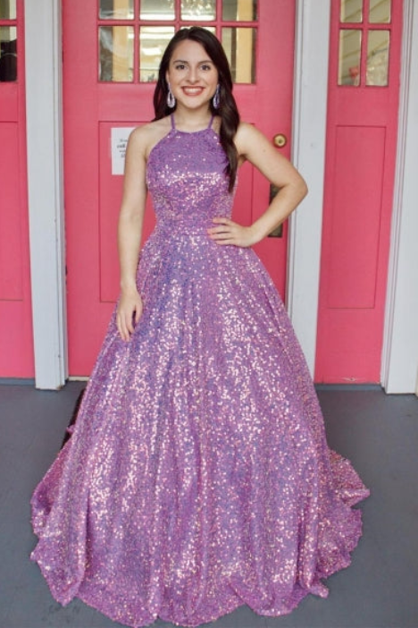 Elegant Halter Sequin Prom Dress Purple Ball Gown Evening Gown