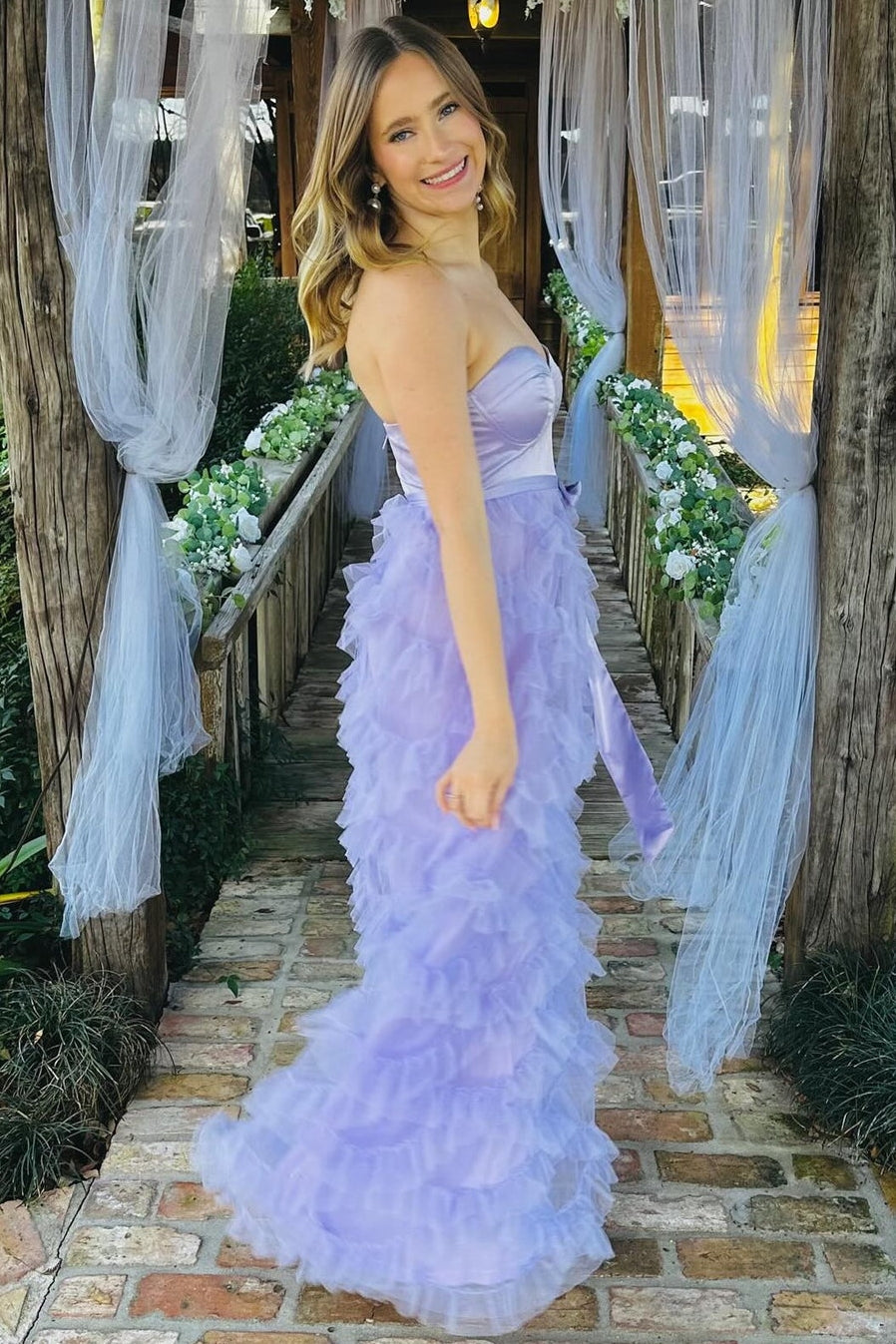 Elegant Sweetheart Ruffles Prom Dress with Bow Belt