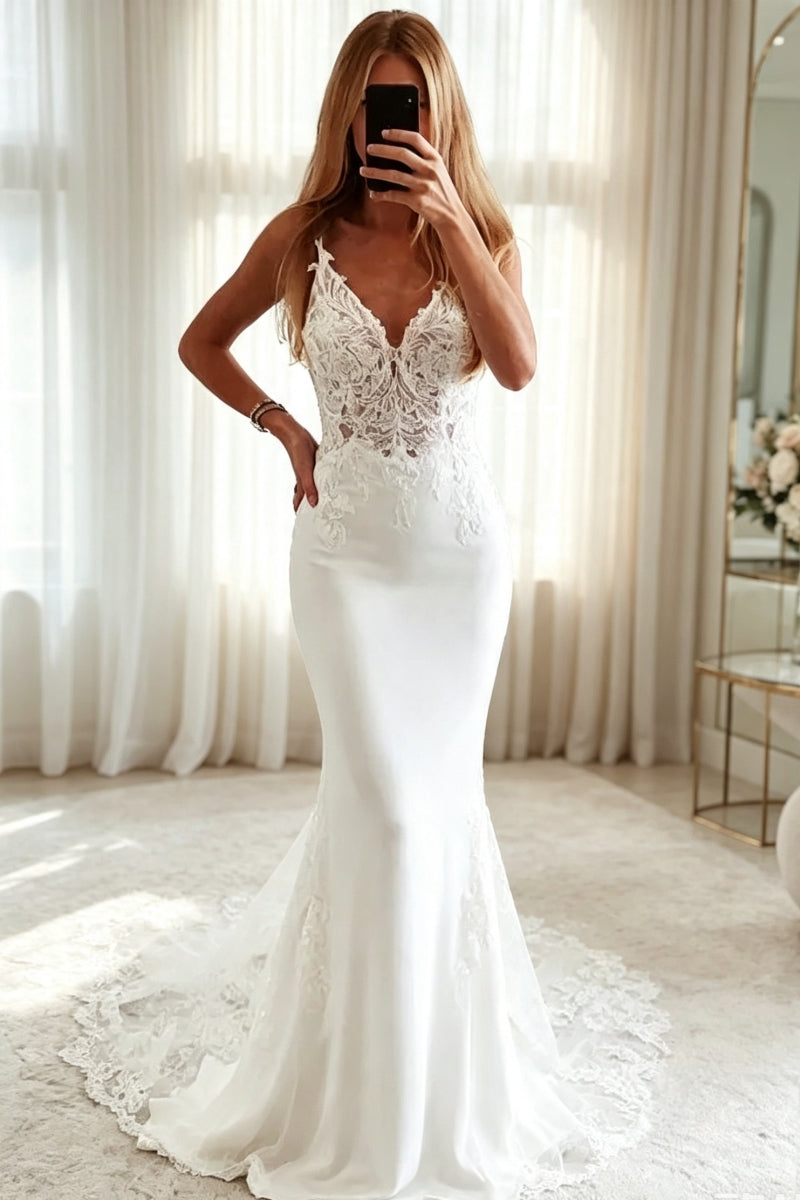 Exquisite V-Neck Mermaid Stretch Crepe Wedding Dresses