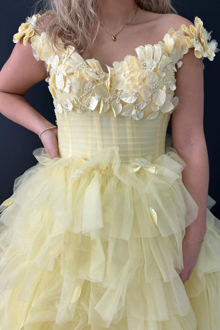 Flowers Beaded Tiered Prom Dress Off The Shoulder Tulle Evening Gown With Slit