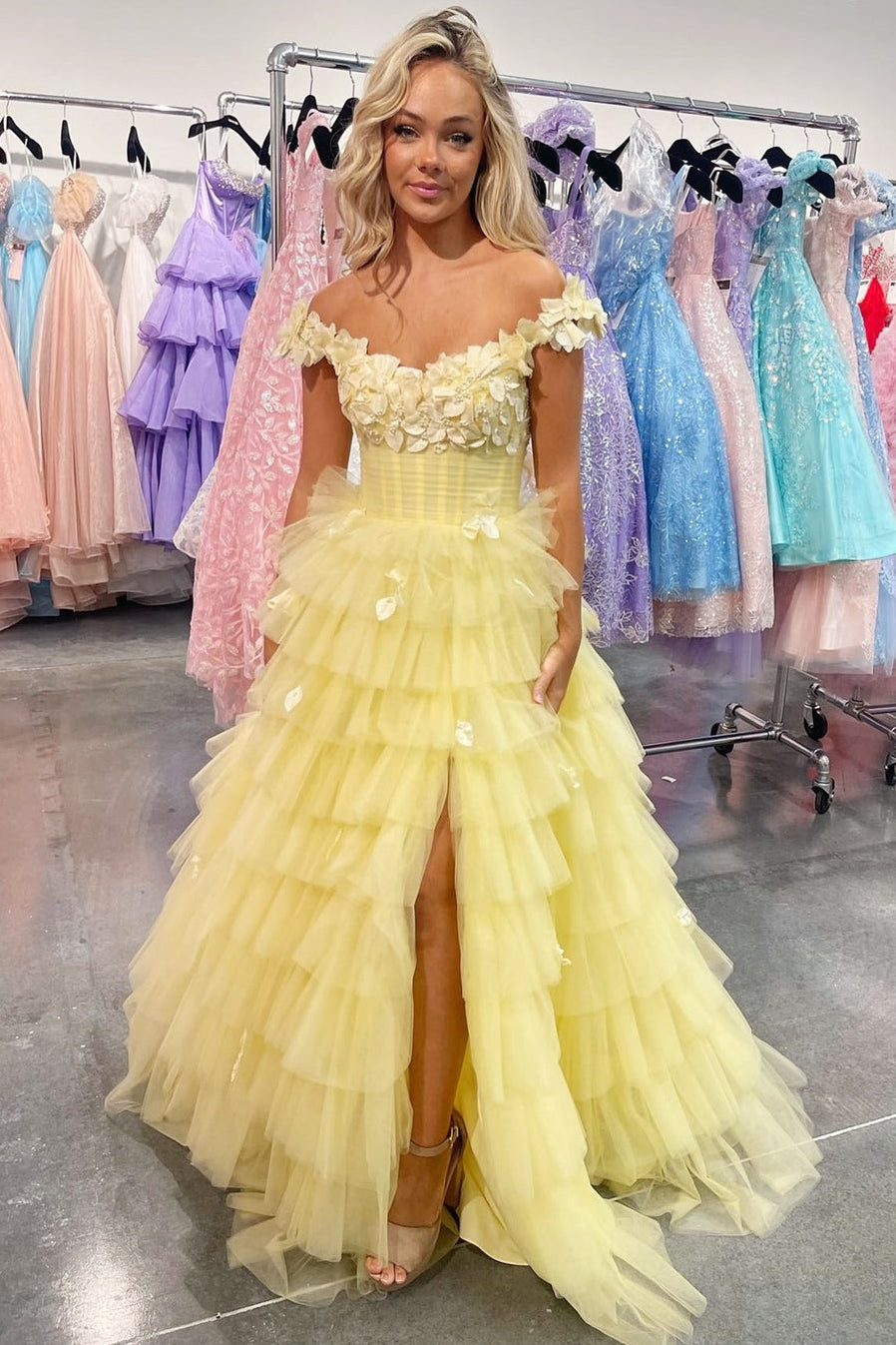 Flowers Beaded Tiered Prom Dress Off The Shoulder Tulle Evening Gown With Slit