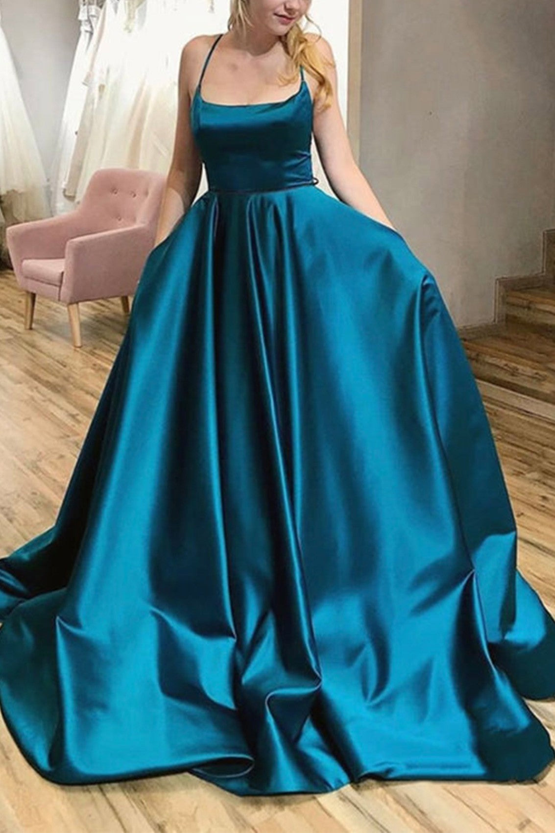 Halter Backless Satin Ball Gown Prom Dress With Pockets