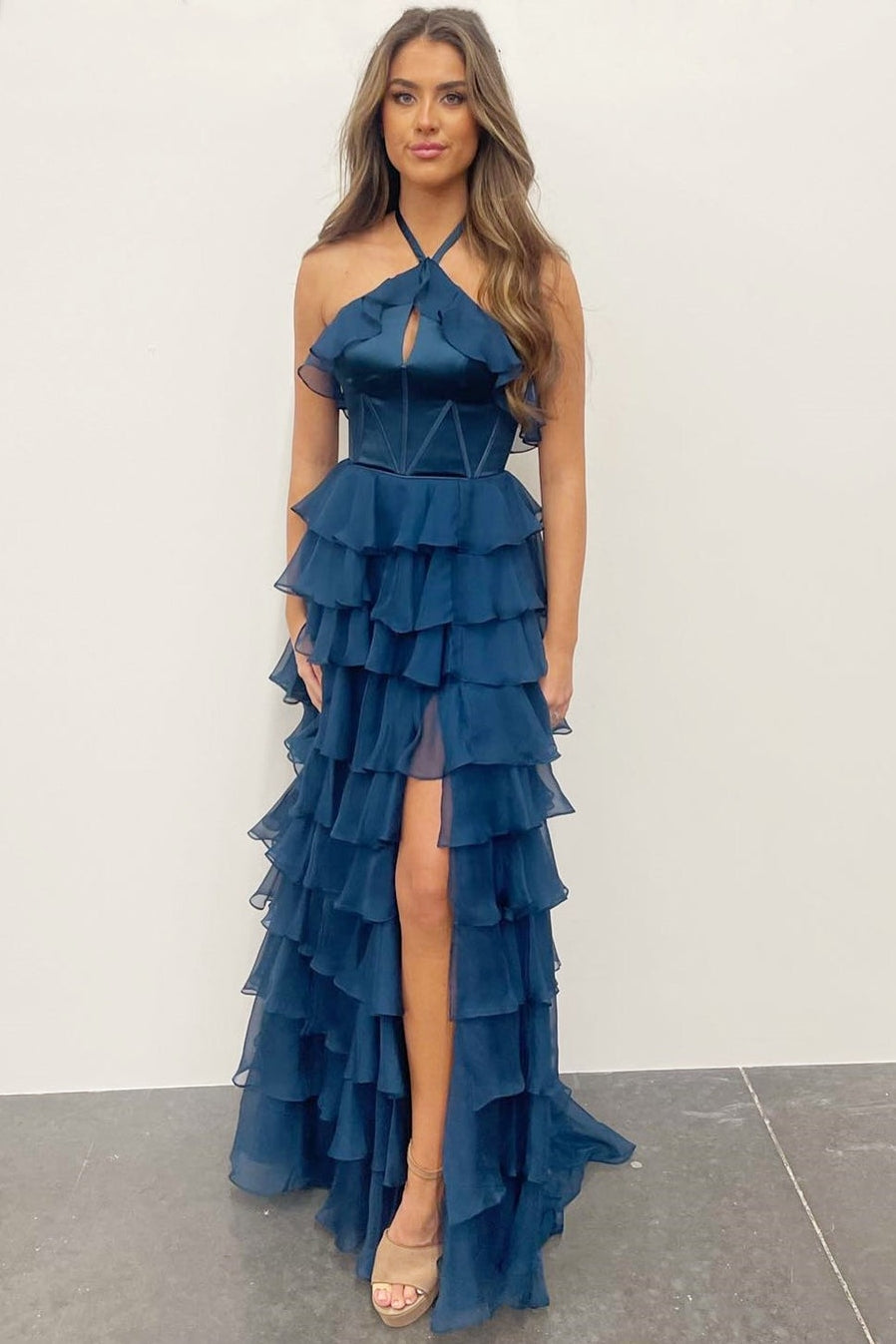 Halter Ruffles Tiered Prom Dress with Slit