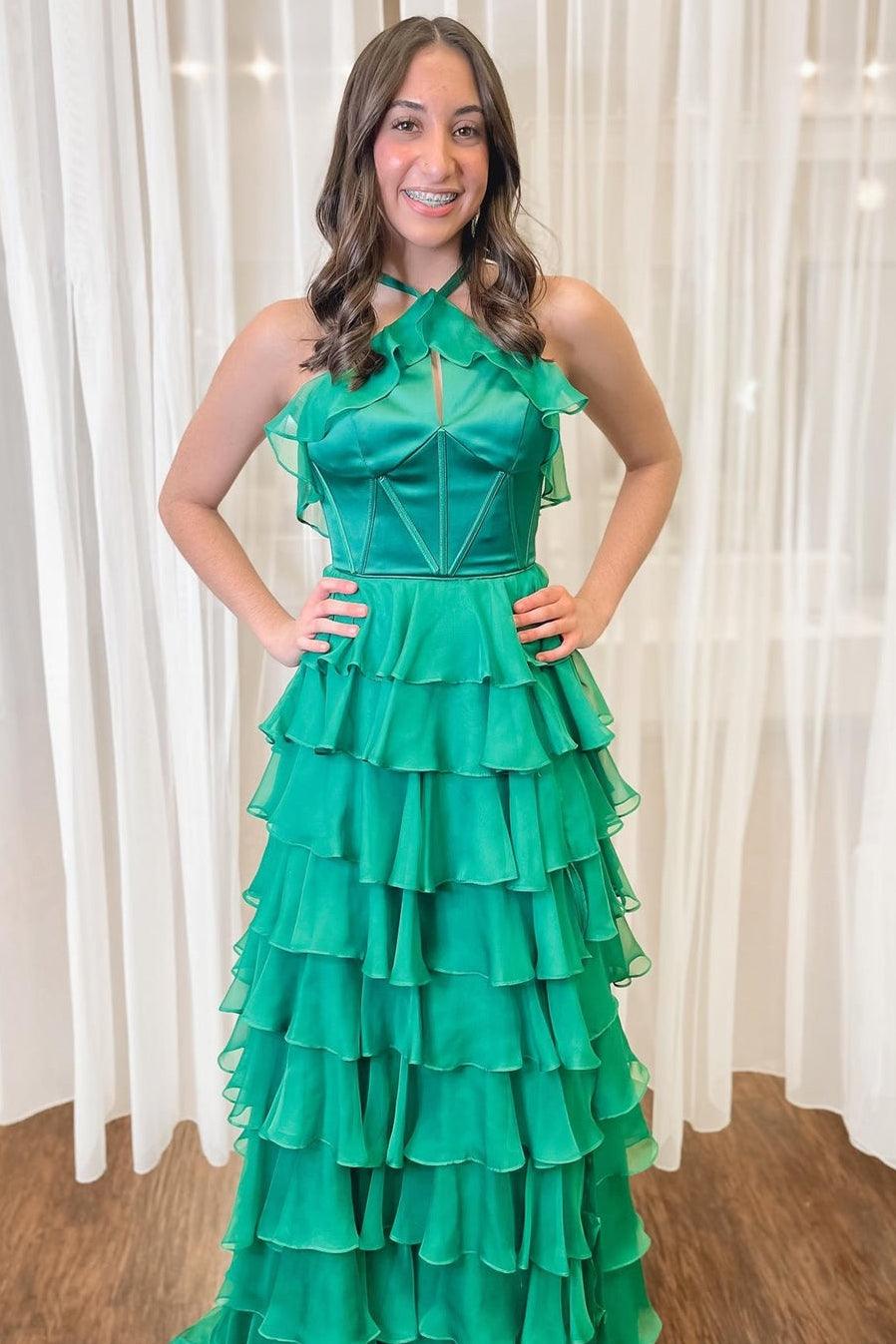 Halter Ruffles Tiered Prom Dress with Slit