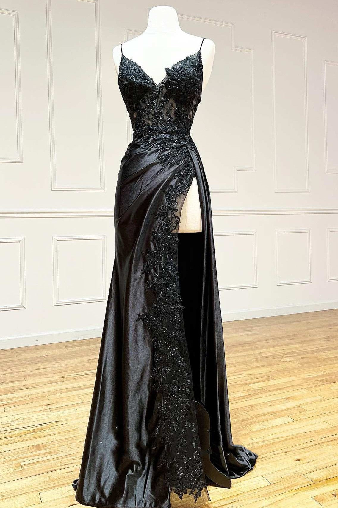 High Slit Sheath Prom Dress with Lace Appliques