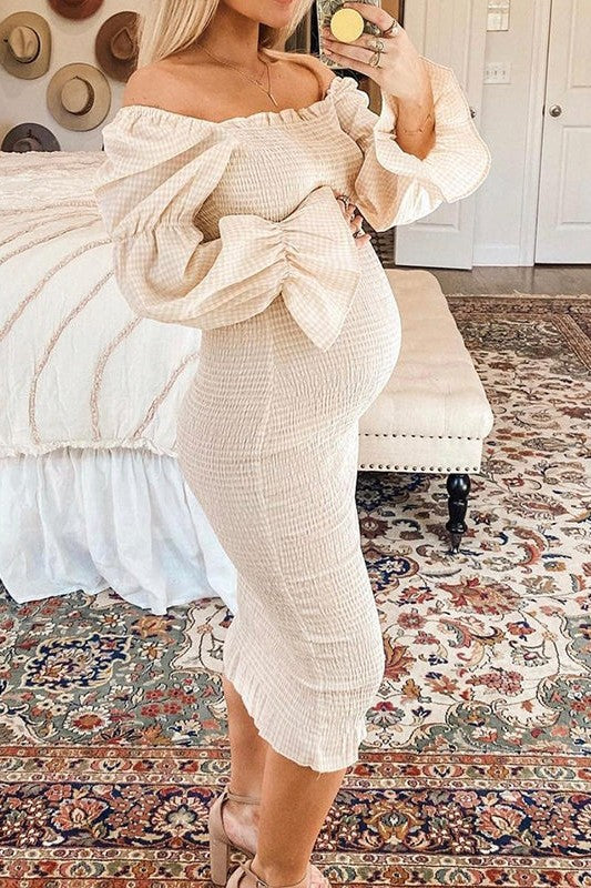 Long Sleeves Bodycon Baby Shower Dress Ruffles Formal Off Shoulder Maternity Dress