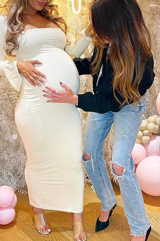 Long Sleeves Formal Maternity Dress White Baby Shower Bodycon Dress