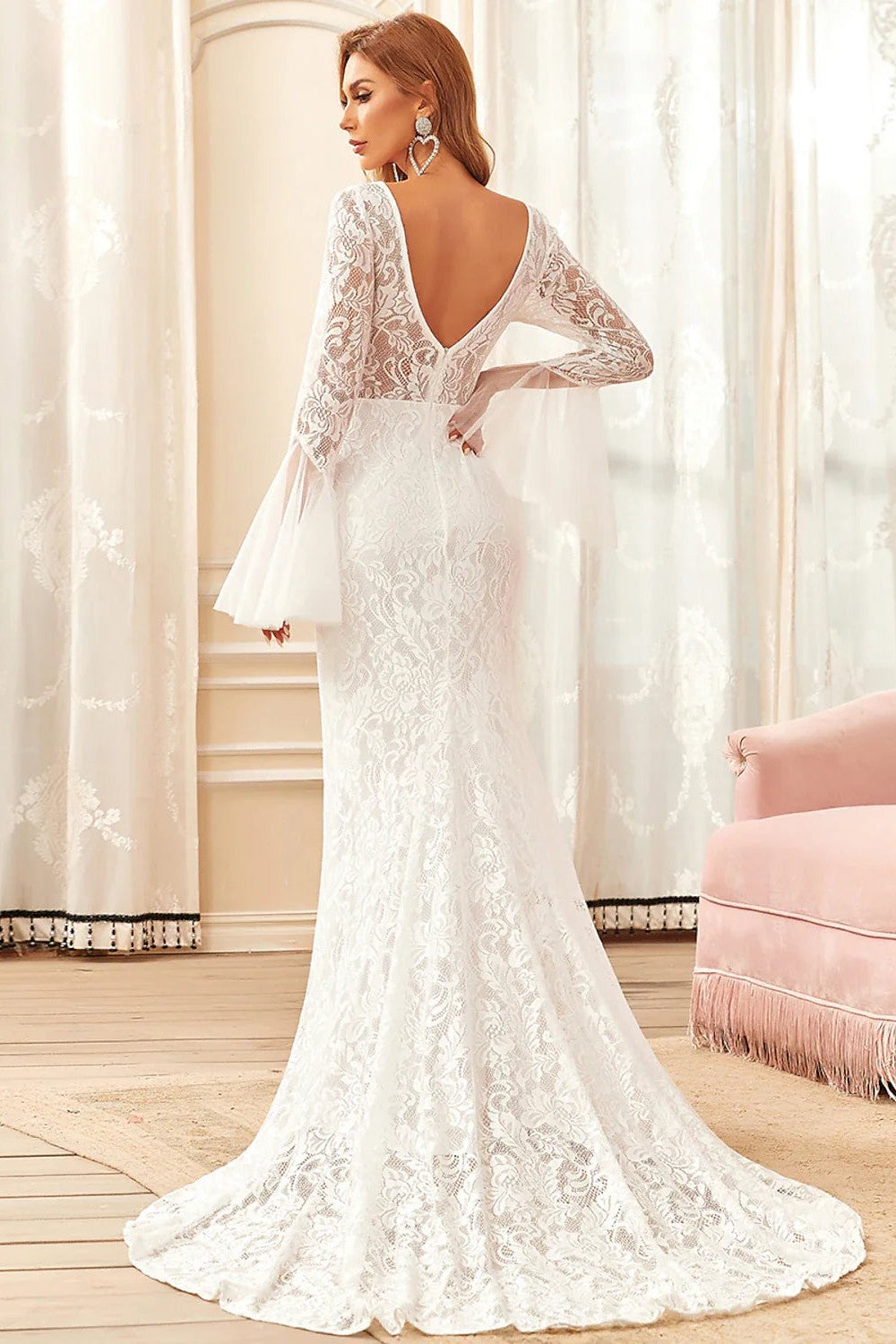 Mermaid Long Sleeves Wedding Dress Elegant Lace Backless Bridal Gown