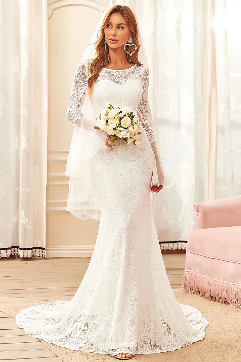 Mermaid Long Sleeves Wedding Dress Elegant Lace Backless Bridal Gown